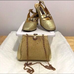 Vintage FUZZY Gold Glitter Block Heel Shoes With Gold‎ Shoulder Bag Purse/Clutch